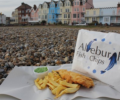 FD - Aldeburgh Fish and Chips - chips on beach