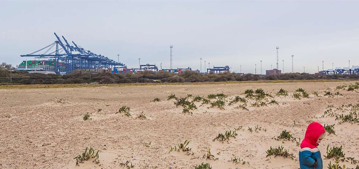 Felixstowe - Child at Landguard with port in the distance