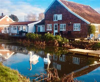 WTS - Letheringham Water Mill - Swans on water in front of mill