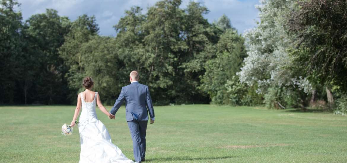 dans meadow - bride and groom in field